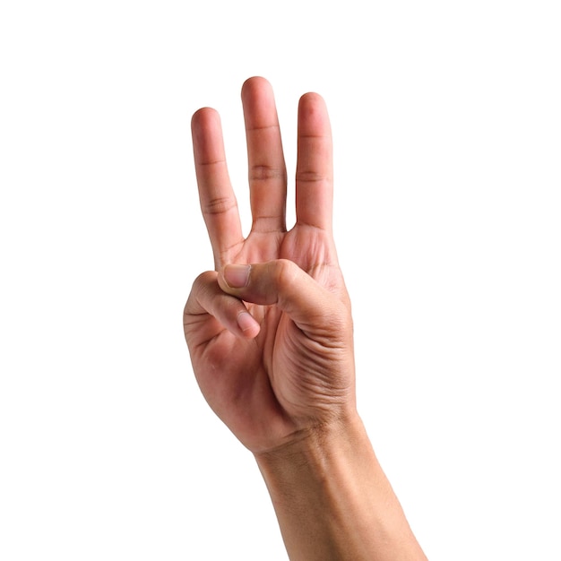 hand showing three fingers isolated white background