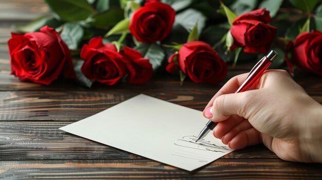 Photo hand signing card with bouquet of roses a closeup shot captures a person39s hand signing a card beside a bouquet of fresh red roses