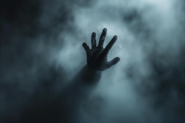 Hand silhouette on foggy glass a creepy hand reaching out from dark shadows with a blurry backgrou