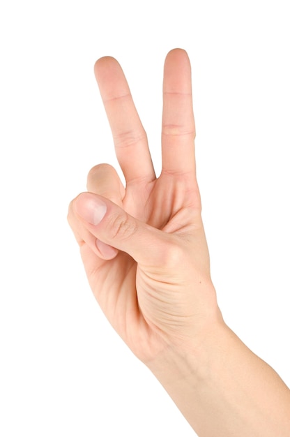 Hand simulating victory sign isolated on a white background