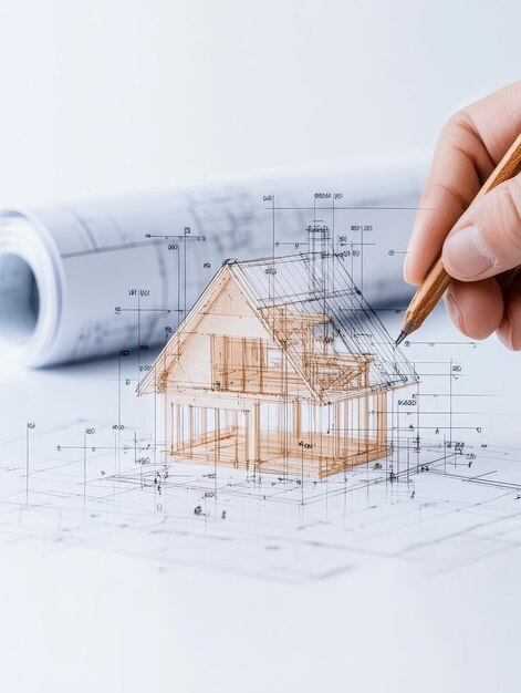 Photo hand sketching on blueprint with architectural plans reflecting precision and craftsmanship