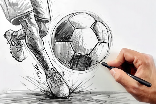 Photo a hand sketching a closeup of a football player39s leg and foot as they dribble the ball