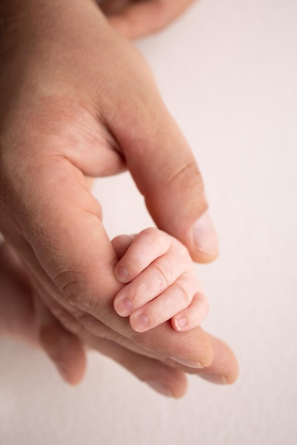 The hand of a sleeping newborn in the hand of parents mother and father closeup Tiny fingers of a newborn The family is holding hands Studio macro photography Concepts of family and love