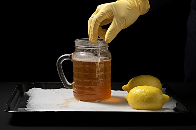 Photo a hand squeezing fresh lemon into a michelada