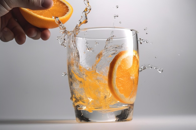 hand squeezing an orange over a clear glass