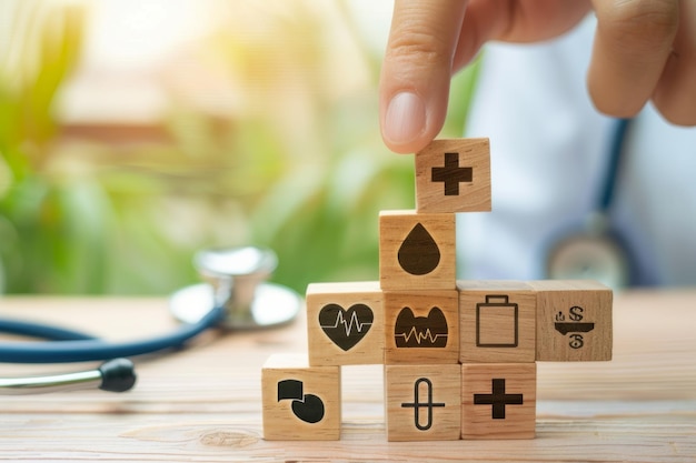 Photo hand stacking wooden blocks with health symbols against a blurred green background with a stethoscope