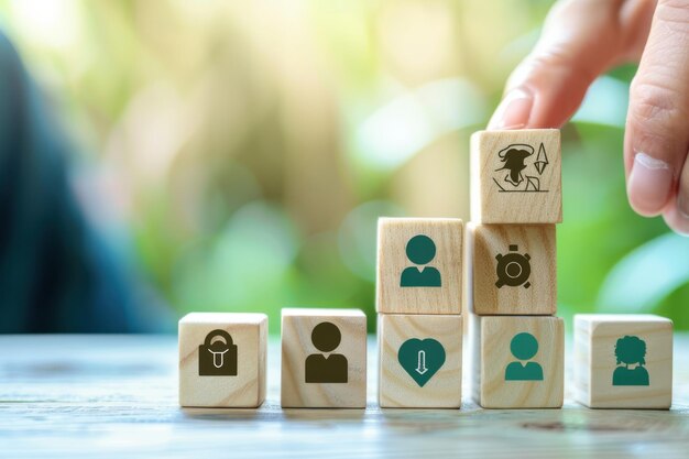 Photo hand stacking wooden blocks with icons representing teamwork leadership and business strategy symbolizing organizational development and success