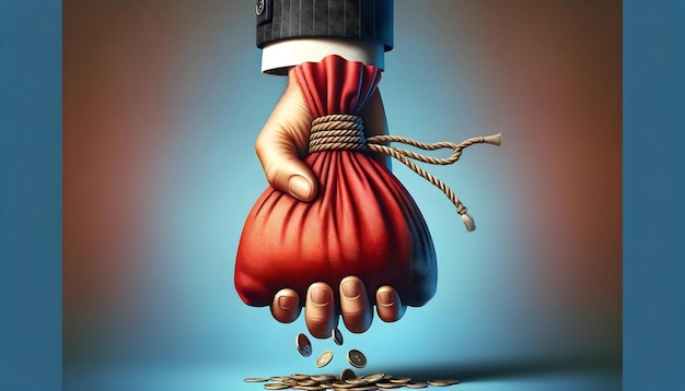 A hand in a suit holding a red bag with a hole coins falling out against a blue gradient background