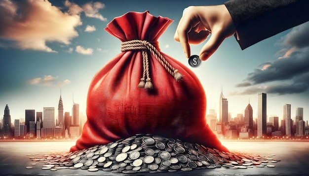 A hand in a suit places a coin into an overflowing red bag of coins on a table with a city skyline