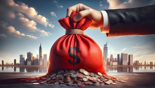 A hand in a suit places a coin into an overflowing red bag of coins on a table with a city skyline