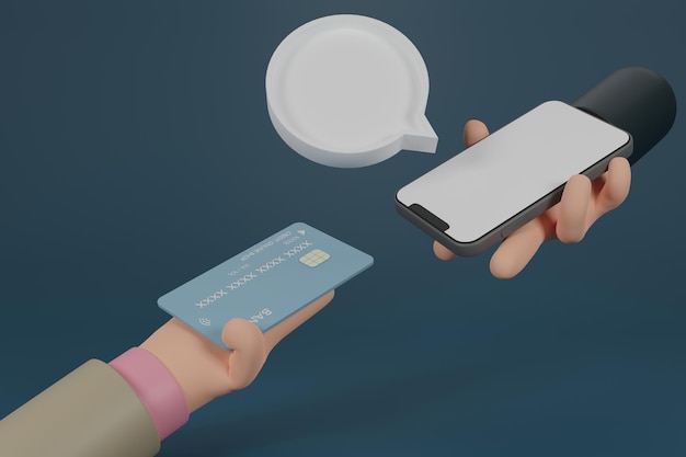 Hand swap credit card and smartphone for online payment conceptSecure online payment transaction with smartphoneonline buyingCashless societyInternet banking via credit card on mobile3D rendering