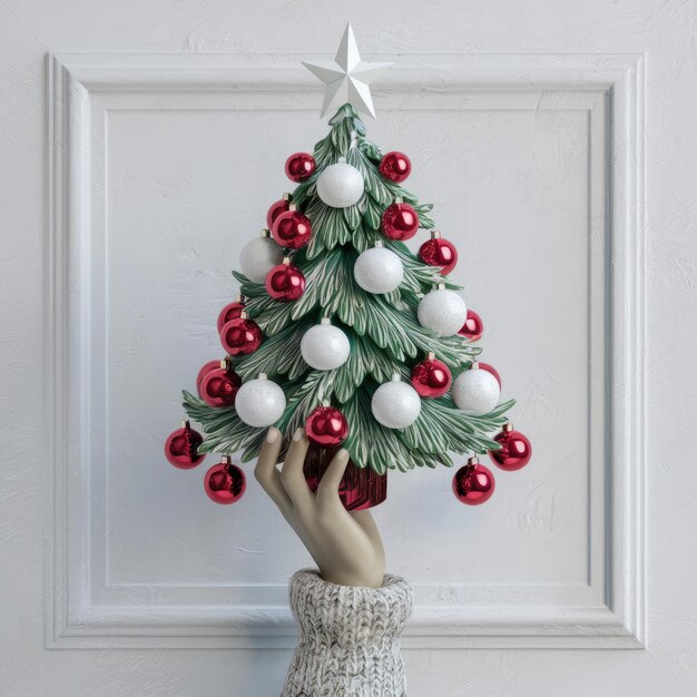 Photo a hand in a sweater holds a small christmas tree decorated with red and white ornaments