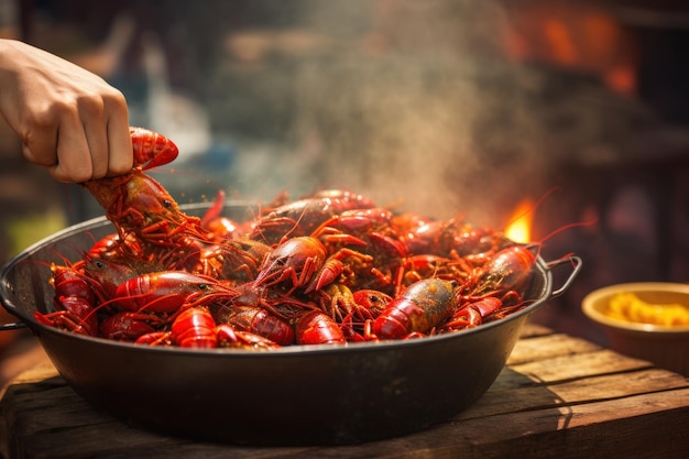 A hand takes crayfish from a large frying pan