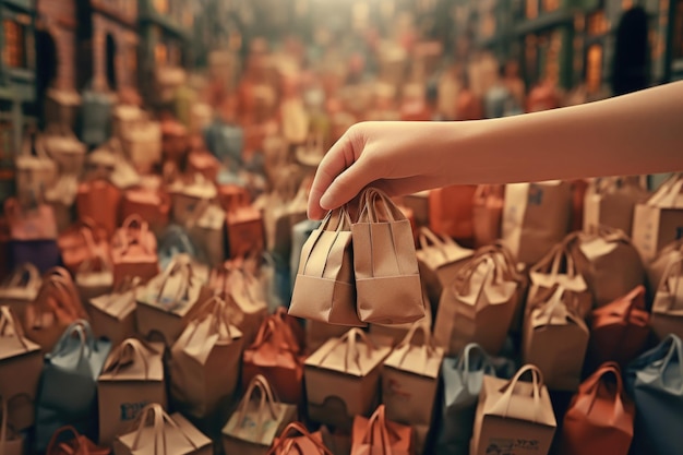 Hand takes shopping bag from pile Consumption and shopaholism Generative AI