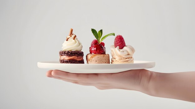 Photo hand taking complimentary dessert dishes for advertising on white background front view