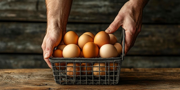 Photo hand taking fresh eggs from basket on rustic table