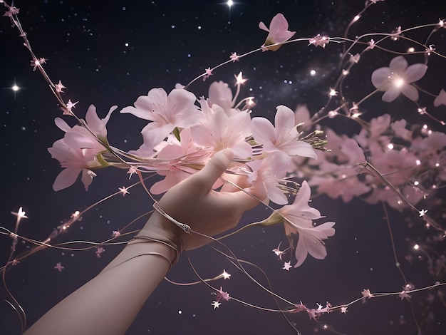 A hand tangled in light pink flowers stretched from the left corner