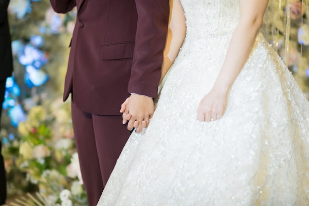 Hand together love couple romantic and happy concept wedding couple groom and bride hand