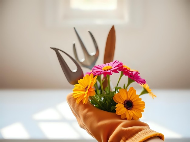 Hand Tools and Flowers in a Protective Gardening Glove Still Life