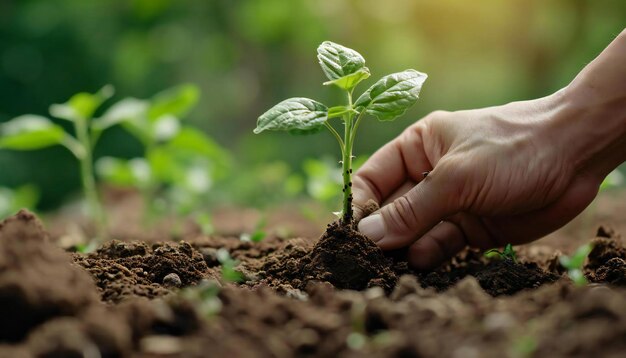 The hand touches a green sprout Green plant growth in nature