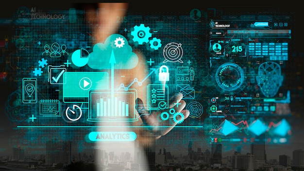 Hand touching Business data analytics process management with KPI financial charts and graph