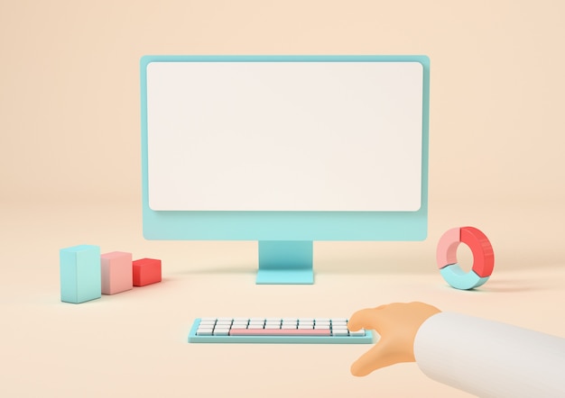 Hand touching computer keyboard, screen with copy space, 3d rendering