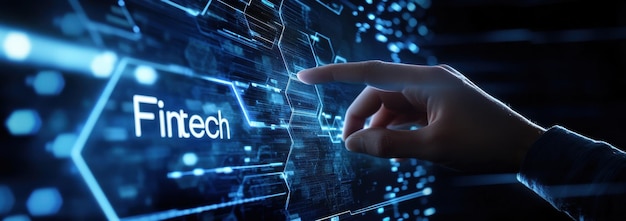 Hand touching a futuristic digital screen displaying fintech technology concept with glowing interface elements