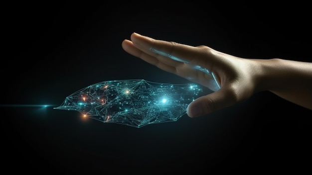 hand touching glowing hologram with lines and dots on a dark background