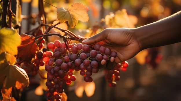 A hand touching grapes in the vineyard