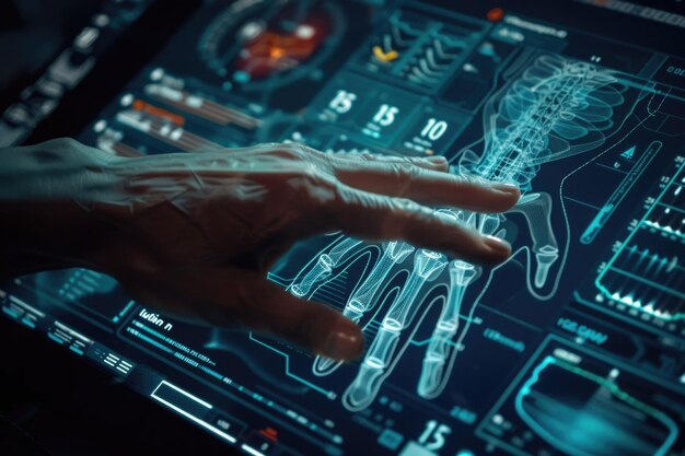 hand touching screen with medical data