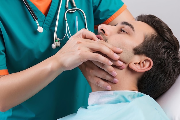 Photo hand touching throat of patient