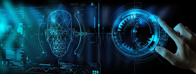 Hand touching UI for Unlocking with face identification. Facial recognition concept.