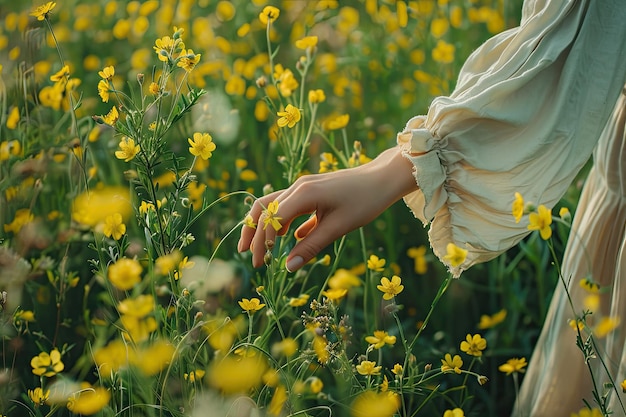 Hand Touching Yellow Wild Flowers in Field