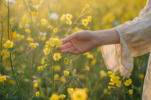 Hand Touching Yellow Wild Flowers in Field