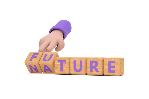 Hand turns dice and changes the word future to nature