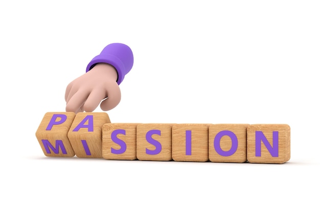 Hand turns dice and changes the word passion to mission