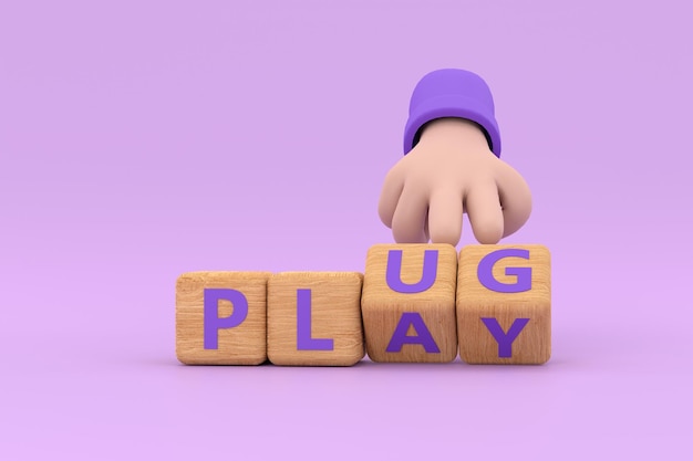 Hand turns dice and changes the word plug to play