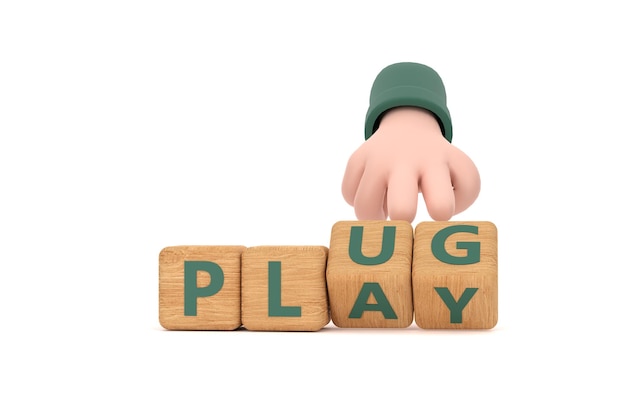 Hand turns dice and changes the word plug to play