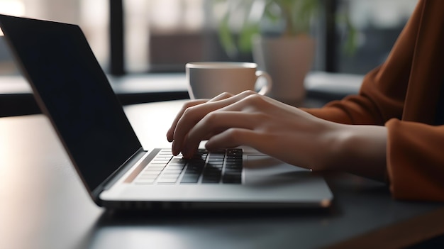 hand typing on laptop with cup of coffee on table