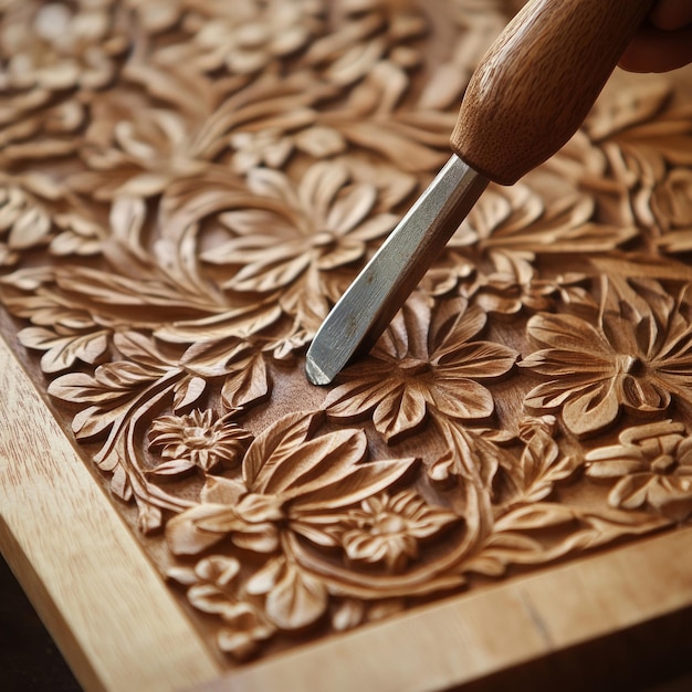 A hand using a wood carving tool to create a detailed floral pattern on a piece of wood