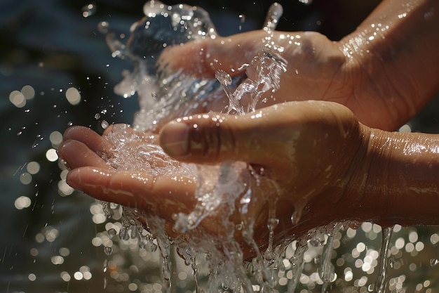 Photo hand washing in white sink water flows from a faucet at soapy female hands protective measure