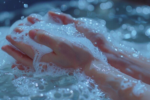 Photo hand washing in white sink water flows from a faucet at soapy female hands protective measure