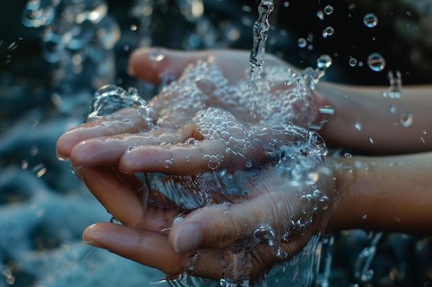 Photo hand washing in white sink water flows from a faucet at soapy female hands protective measure