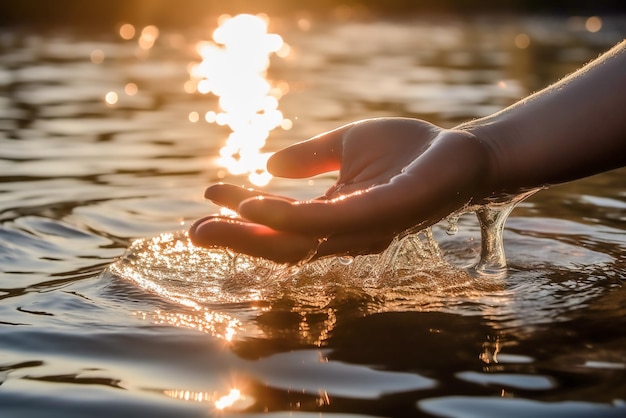 Hand in the water at sunset closeup Generative AI