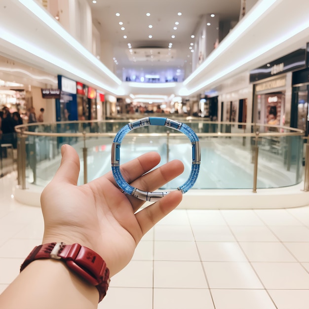 A hand wearing a blue color bracelet for counting