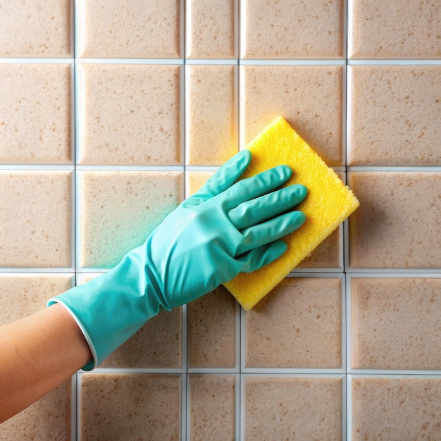 Photo a hand wearing a green glove cleans kitchen tiles with a yellow sponge generative ai