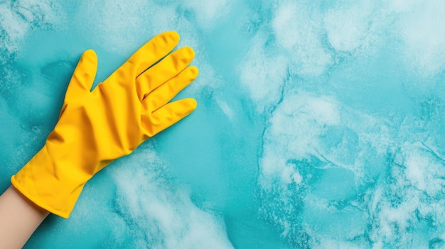 Photo hand wearing yellow glove against blue background