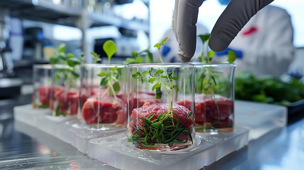 Photo a hand in a white glove places a plant into a glass with labgrown meat