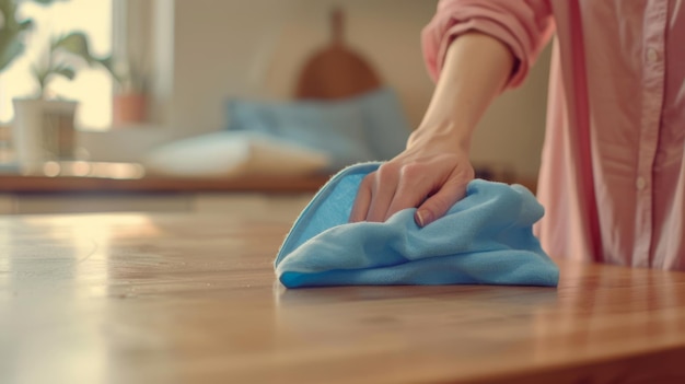 Photo hand wiping a wooden surface