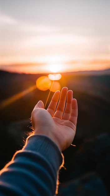 Photo hand with beam of light golden hour geometric light reflection